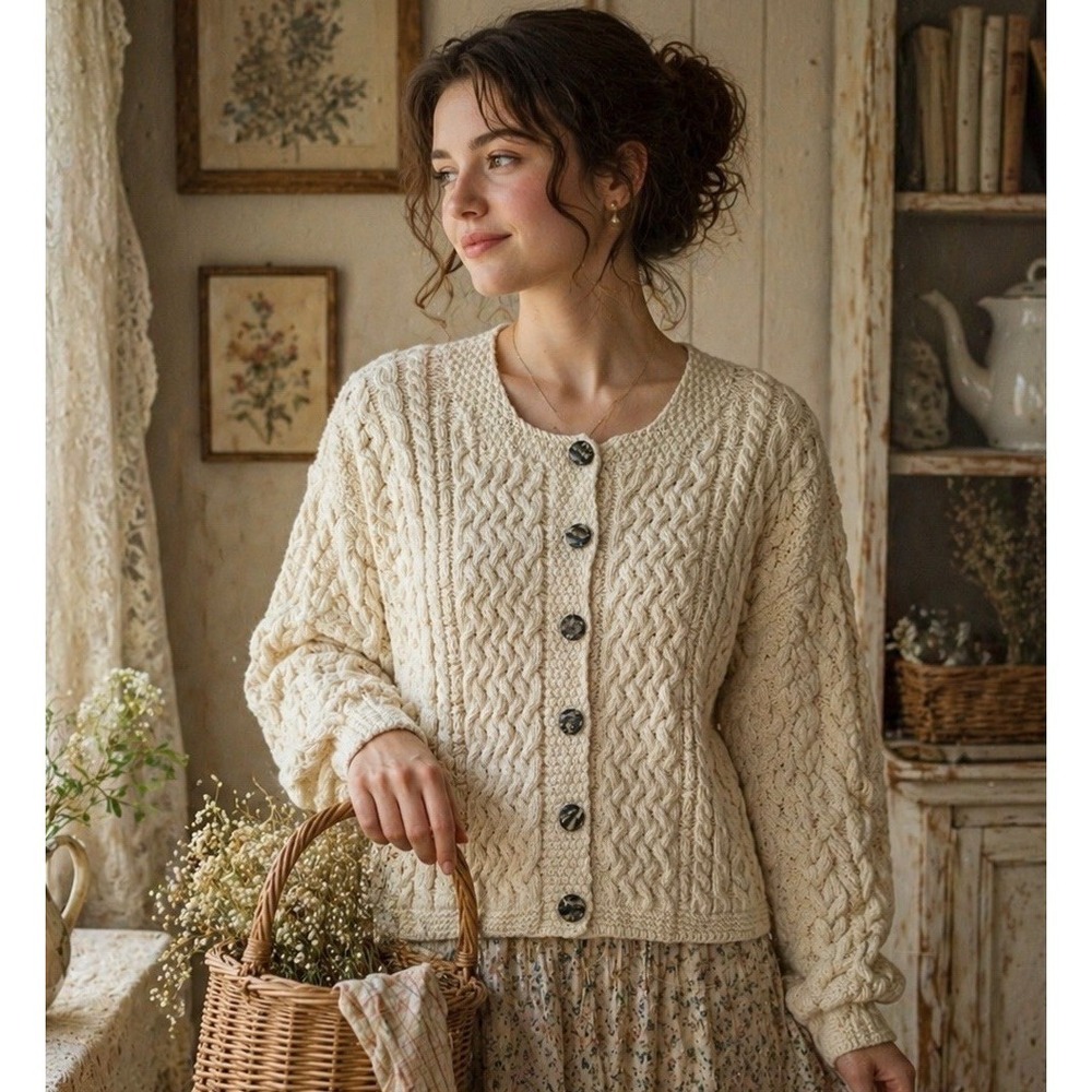 Carraig Donn Aran Cardigan Ireland Wool Cable Knit Cream Sweater S Fisherman